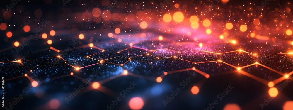 Fototapeta premium Abstract Hexagon Grid with Glowing Lines and Bokeh Lights