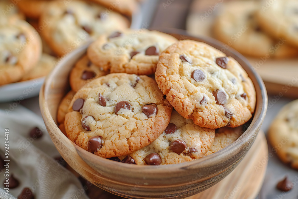 Freshly baked chocolate chip cookies overflowing in rustic bowl Freshly baked chocolate chip cookies overflowing in rustic bowl