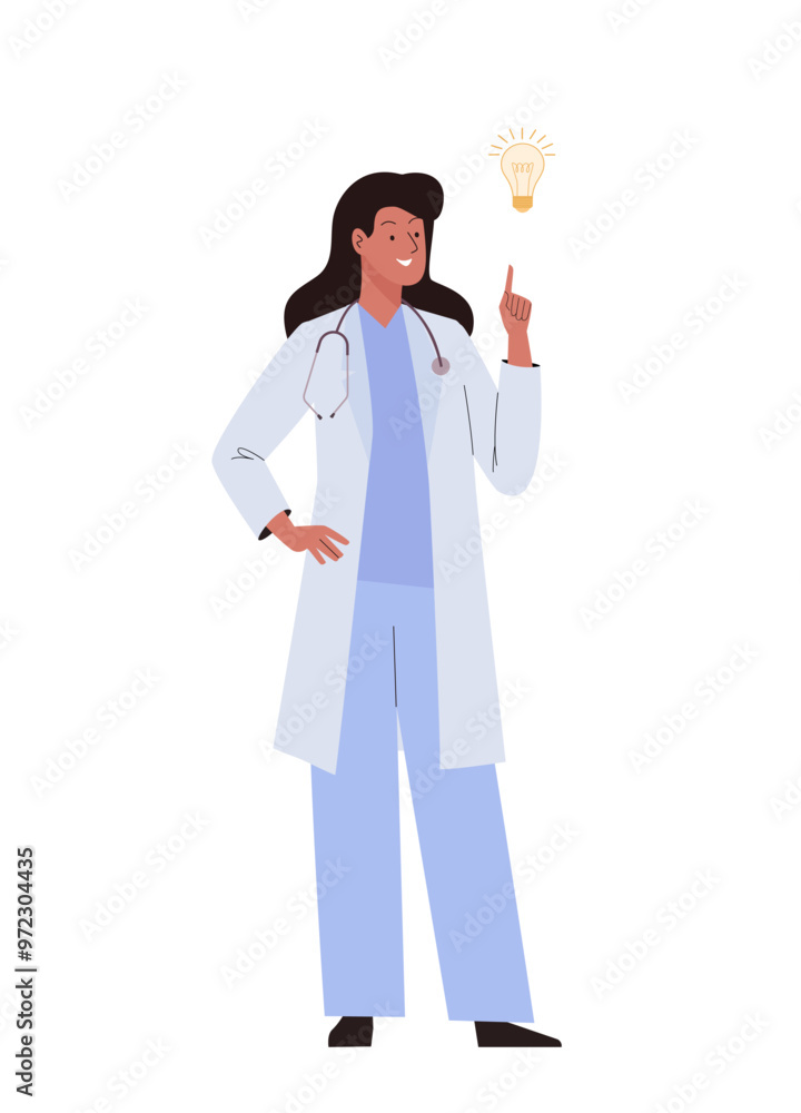 Doctor woman standing with lamp bulb as sign for insight or great idea. Inspiration bright creative thought concept Doctor woman standing with lamp bulb as sign for insight or great idea. Inspiration bright creative thought concept