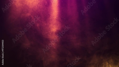 Atmospheric light beams cloudy smoke flying glowing particles video. VFX loop animation of mystical divine light effect.