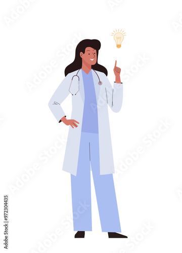Doctor woman standing with lamp bulb as sign for insight or great idea. Inspiration bright creative thought concept