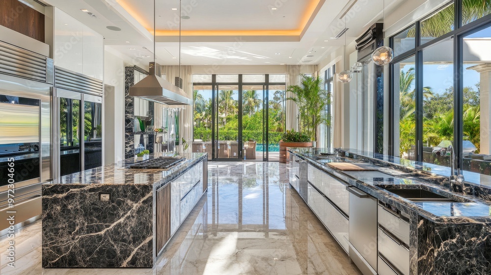 Luxurious kitchen with marble countertops, stainless steel appliances, and a large island, flooded with natural light. Luxurious kitchen with marble countertops, stainless steel appliances, and a large island, flooded with natural light.