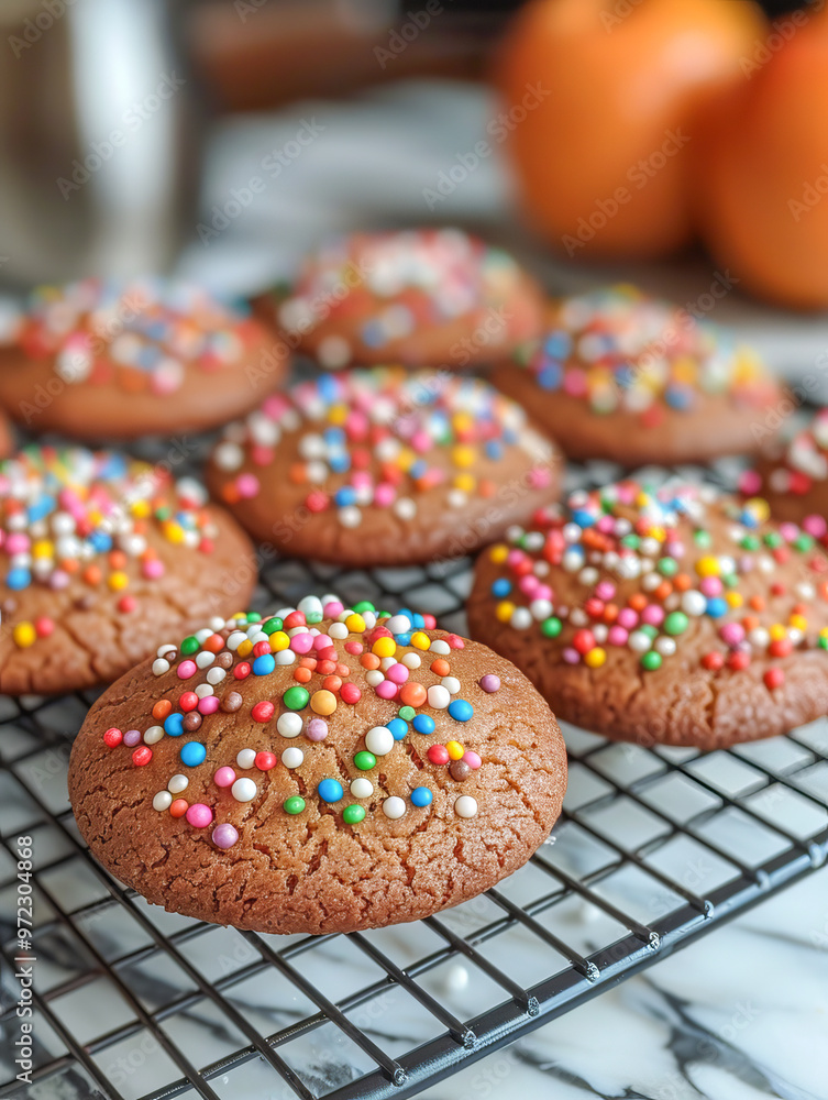 Freshly baked cookies cooling on rack with sprinkles Freshly baked cookies cooling on rack with sprinkles