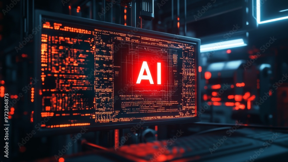 AI logo on a holographic display in a futuristic space station, a computer screen with glowing digital data and an artificial intelligence icon. Circuit board, illuminated ethereal, glowing lights AI logo on a holographic display in a futuristic space station, a computer screen with glowing digital data and an artificial intelligence icon. Circuit board, illuminated ethereal, glowing lights