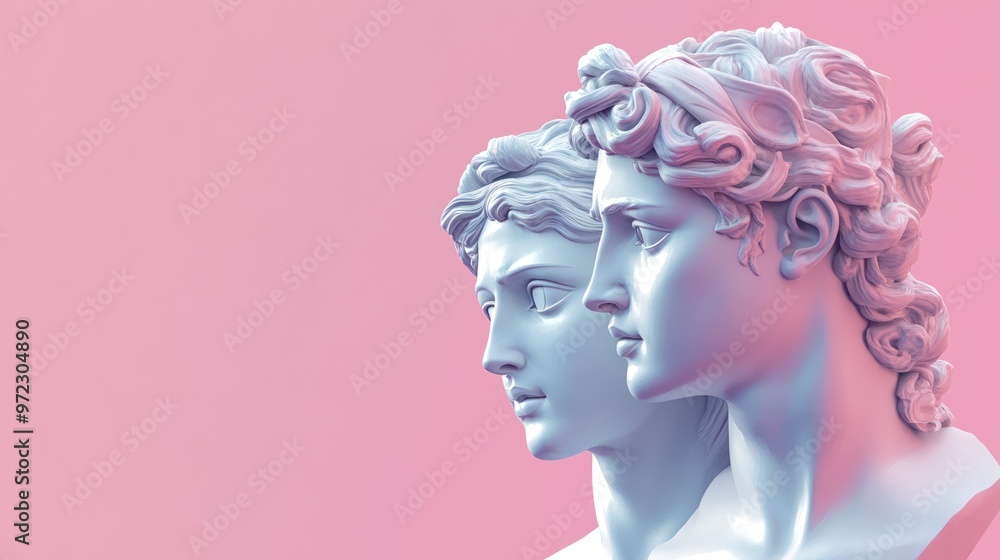 Elegant twin statues in profile against a soft pink background, embodying classical beauty. Elegant twin statues in profile against a soft pink background, embodying classical beauty.