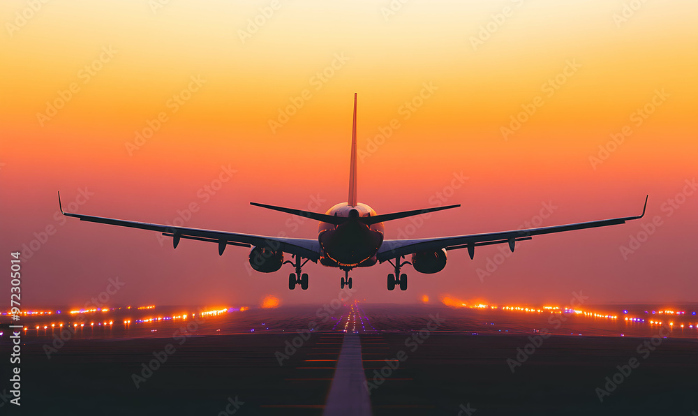 Airplane landing on runway at sunset. Airplane landing on runway at sunset.