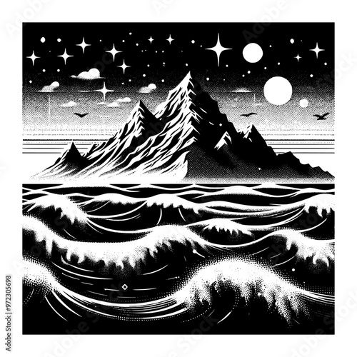 dramatic mountain and ocean vistas black and white design