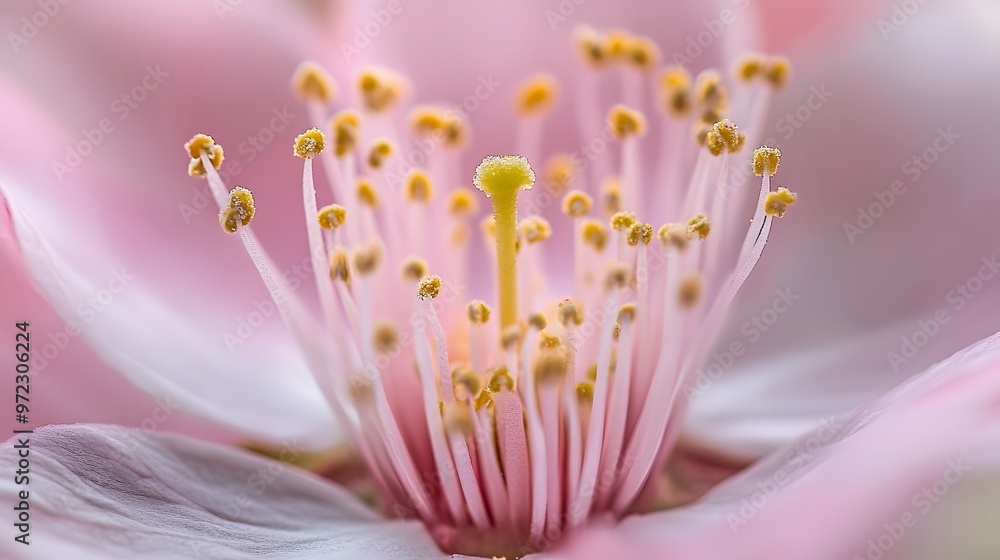 A macro shot of a sakura flower's center, showcasing the fine details of the pollen and soft pink petals A macro shot of a sakura flower's center, showcasing the fine details of the pollen and soft pink petals