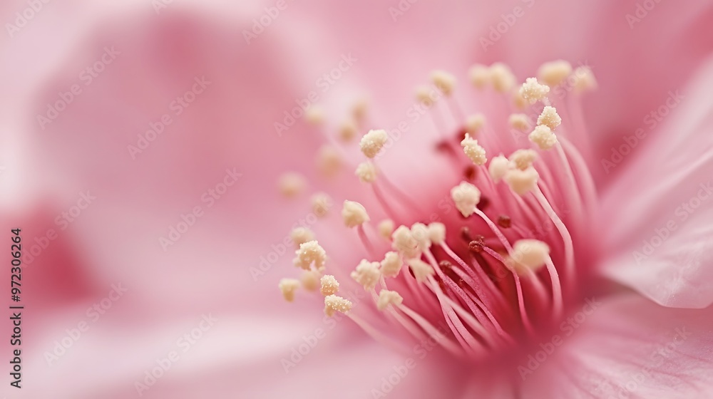 A macro shot of a sakura flower's center, showcasing the fine details of the pollen and soft pink petals A macro shot of a sakura flower's center, showcasing the fine details of the pollen and soft pink petals
