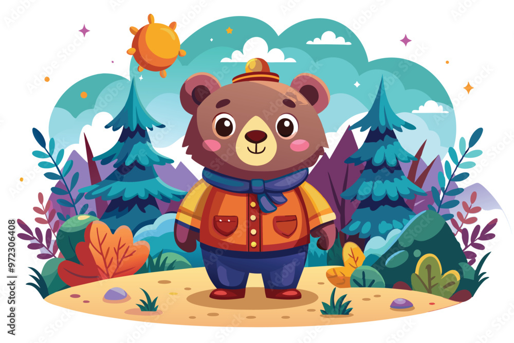Cute bear playing in the park, around it are green leaves and beautiful colorful flowers. Vector design illustration Cute bear playing in the park, around it are green leaves and beautiful colorful flowers. Vector design illustration