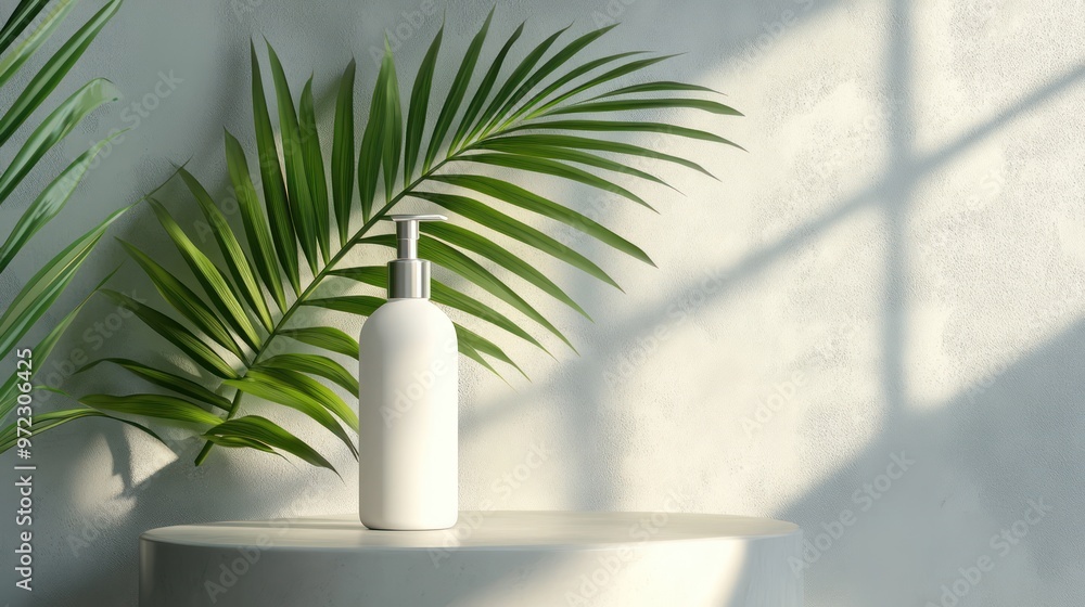 Minimalistic bathroom setup featuring a sleek white bottle and a vibrant green palm leaf. Minimalistic bathroom setup featuring a sleek white bottle and a vibrant green palm leaf.