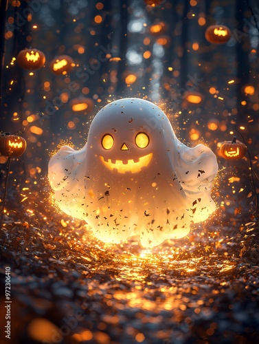 A friendly ghost with a pumpkin face is glowing in a spooky forest with fallen leaves and glowing pumpkins.