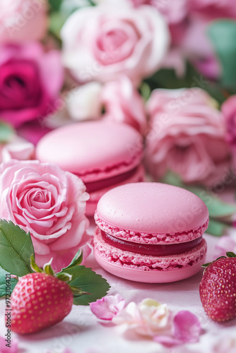 A beautiful arrangement of pink macarons surrounded by delicate pink roses and fresh strawberries, highlighting the elegance and sweetness of the scene.