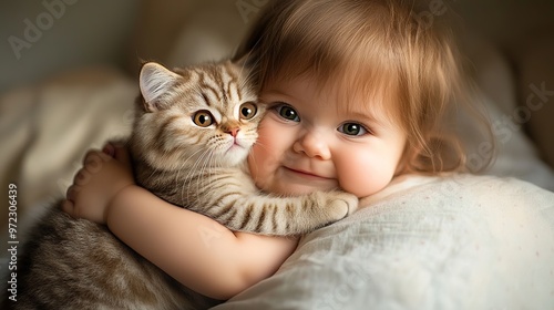 Captivating portrait of an adorable girl tenderly embracing a plush Scottish Fold cat, both displaying pure serenity and endearing gazes, creating an enchanting scene of innocence and connection.