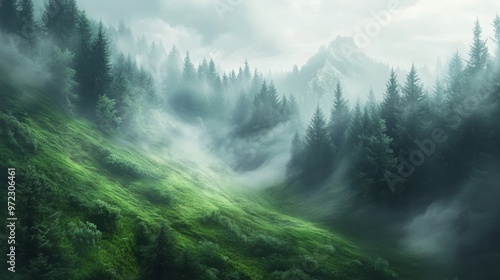 A serene green hillside leading into a dense, foggy forest, with mist swirling among