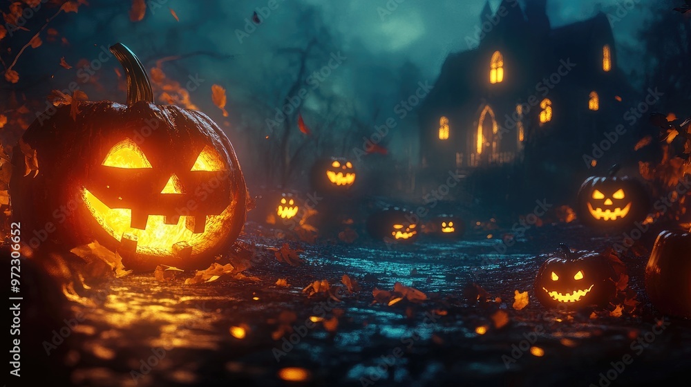 A spooky Halloween scene with lit jack-o'-lanterns in a dark, foggy forest path leading to a mysterious, glowing house. A spooky Halloween scene with lit jack-o'-lanterns in a dark, foggy forest path leading to a mysterious, glowing house.