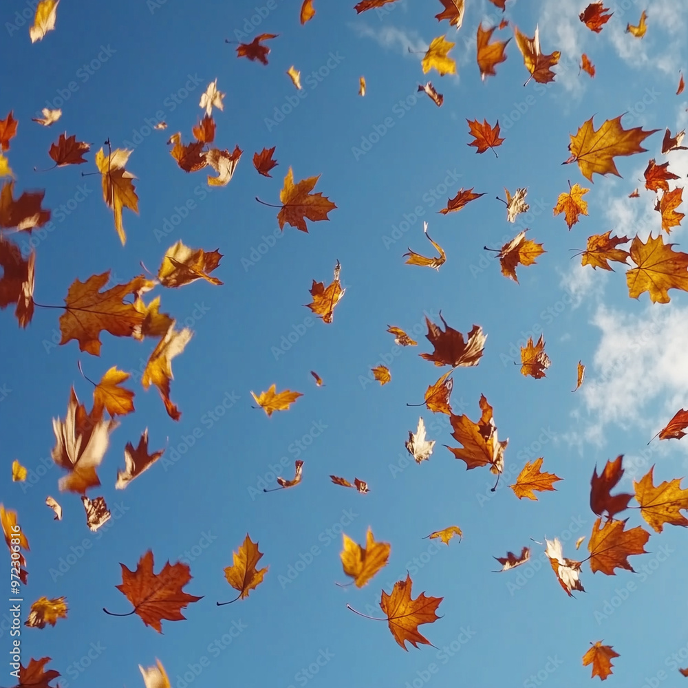 Capture of autumn leaves gracefully falling from trees, set against a bright blue sky, symbolizing change and transition. Great for seasonal and nature themed applications. Capture of autumn leaves gracefully falling from trees, set against a bright blue sky, symbolizing change and transition. Great for seasonal and nature themed applications.