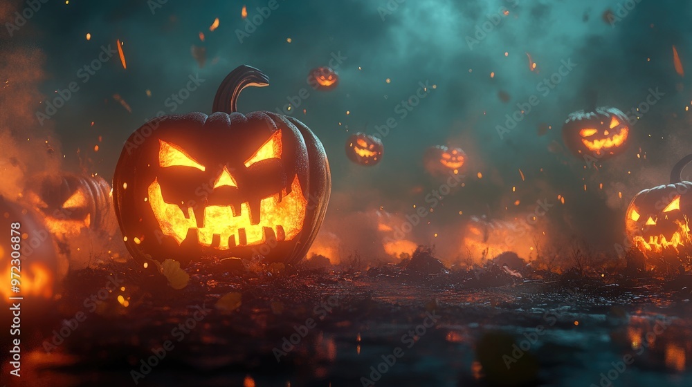 A group of glowing jack-o'-lantern pumpkins with evil grins, surrounded by fog and sparks in a spooky Halloween setting. A group of glowing jack-o'-lantern pumpkins with evil grins, surrounded by fog and sparks in a spooky Halloween setting.