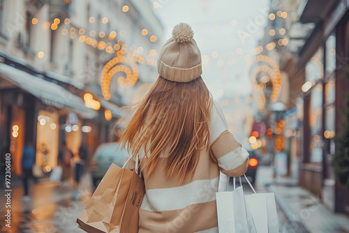 Woman walking on the street with shopping bags is searching for last minute christmas gifts