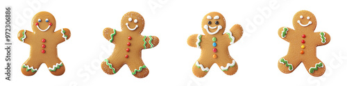 Four cheerful gingerbread men displayed in a row, perfect for holiday decor and festive baking inspiration.