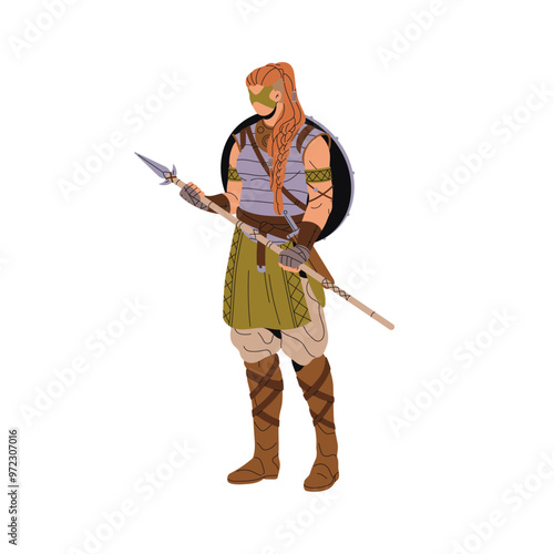 Viking holds lance in hands. Barbarian with weapon and shield. Medieval Scandinavian woman in animal skin. Ancient Nordic warrior, soldier in armour. Flat isolated vector illustration on white