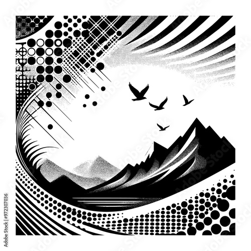 coastal cliffs and mountain backdrop black and white design