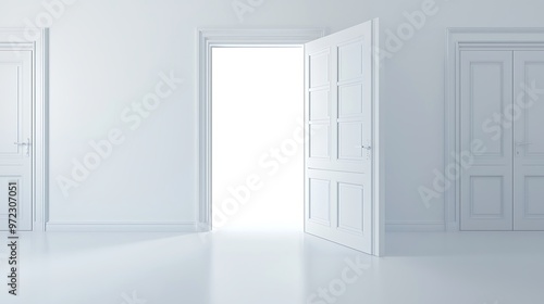 Spacious whit room with minimalist dsign and an opn doorway. photo