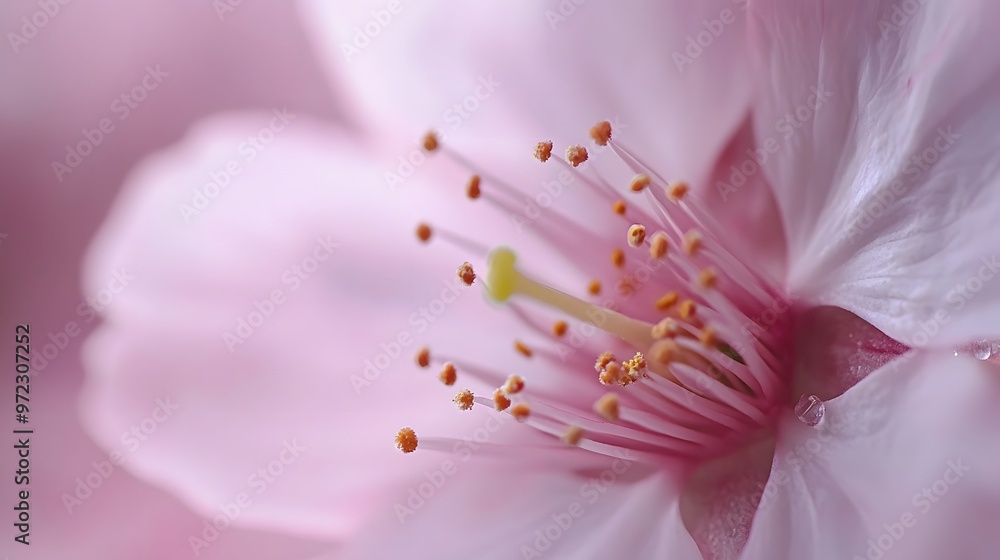 Fototapeta premium A detailed close-up of a sakura flower, focusing on the soft pink petals and their fragile texture