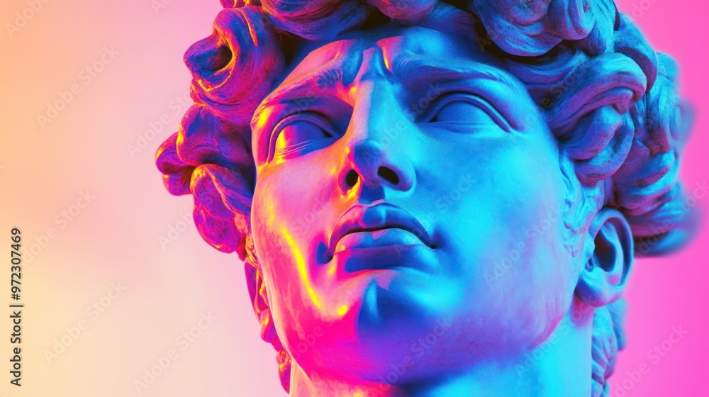 A close-up of an artistic statue illuminated in vibrant blue and pink hues, showcasing intricate details and emotive expression. A close-up of an artistic statue illuminated in vibrant blue and pink hues, showcasing intricate details and emotive expression.