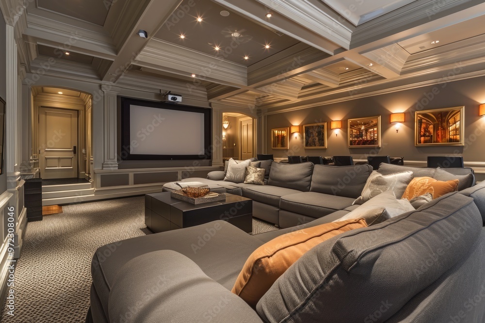 Beautiful American Home Theater Living Room with Gray Sofas and Colorful Decor Beautiful American Home Theater Living Room with Gray Sofas and Colorful Decor