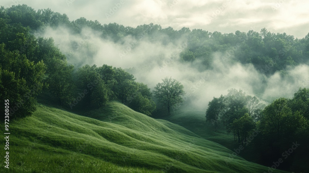 A soft, green hillside meets a fog-covered forest, with the mist rolling across the A soft, green hillside meets a fog-covered forest, with the mist rolling across the