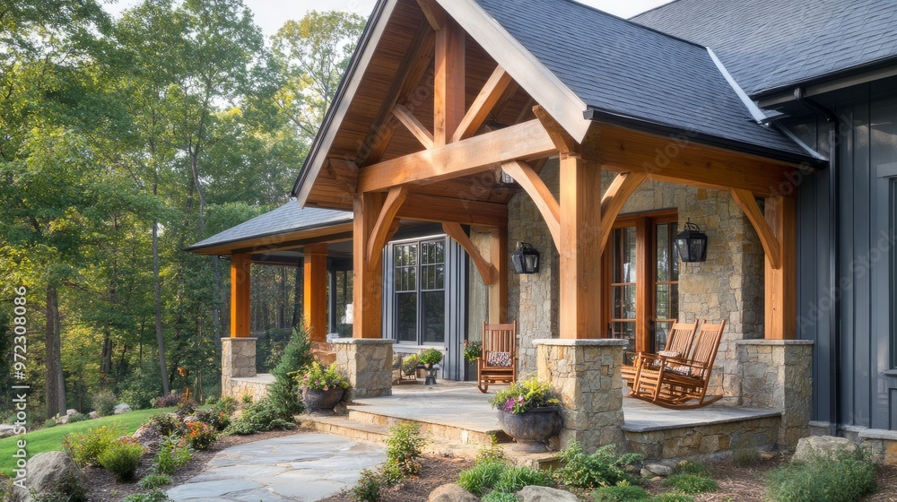 Rustic farmhouse exterior with wooden beams, stone accents, and a welcoming front porch with rocking chairs. Rustic farmhouse exterior with wooden beams, stone accents, and a welcoming front porch with rocking chairs.