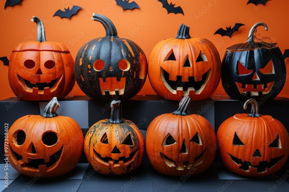Geometric halloween poster featuring jack o lanterns and pumpkins on all saints day eve Geometric halloween poster featuring jack o lanterns and pumpkins on all saints day eve