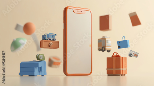 Smartphone with various icons floating around it, symbolizing online shopping and delivery. photo