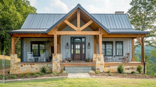 Rustic farmhouse exterior with wooden beams, stone accents, and a welcoming front porch with rocking chairs.