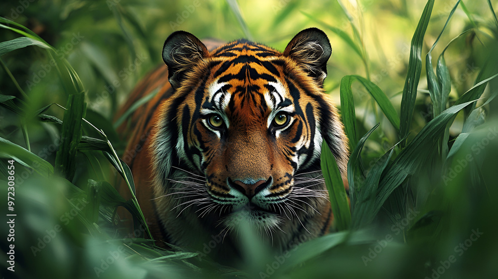 Fototapeta premium A regal Bengal tiger prowling through the tall grass