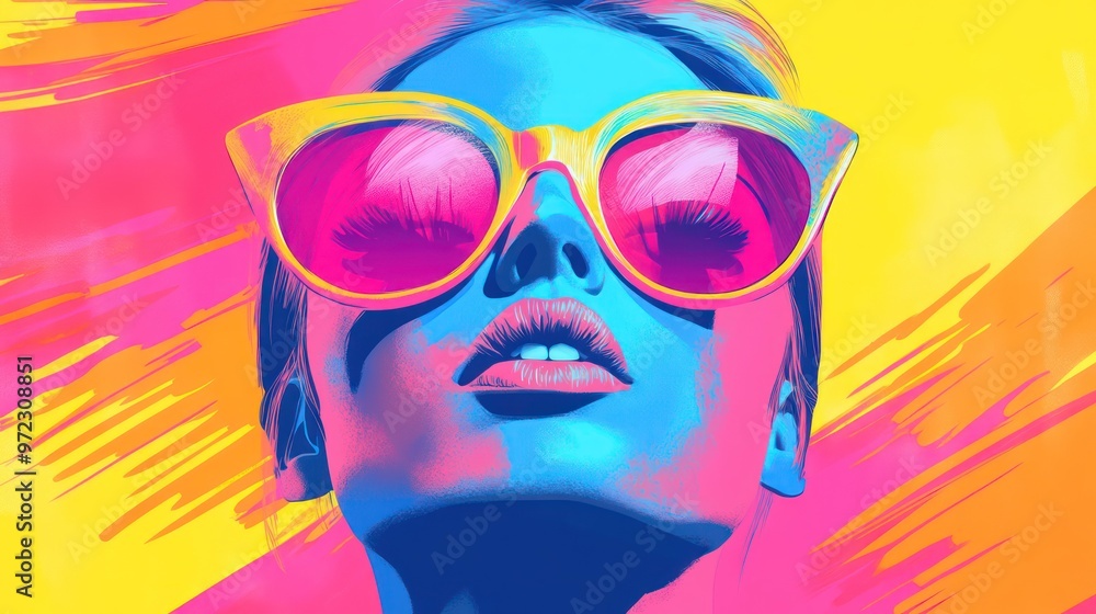 A vibrant portrait of a woman with bold pink sunglasses against a colorful yellow and pink background. A vibrant portrait of a woman with bold pink sunglasses against a colorful yellow and pink background.
