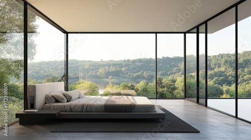 Sleek, modern bedroom with floor-to-ceiling windows, minimalist furniture, and views of a serene landscape.