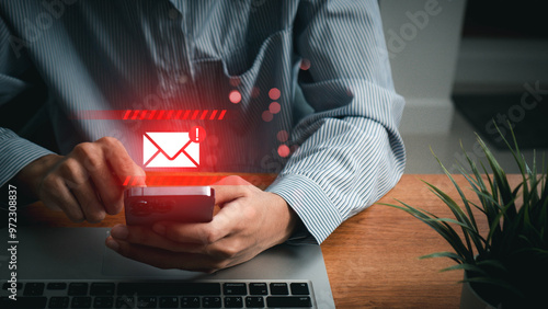 Foto Alert Email inbox and spam virus with warning caution for notification on internet letter security protect, junk and trash mail and compromised information