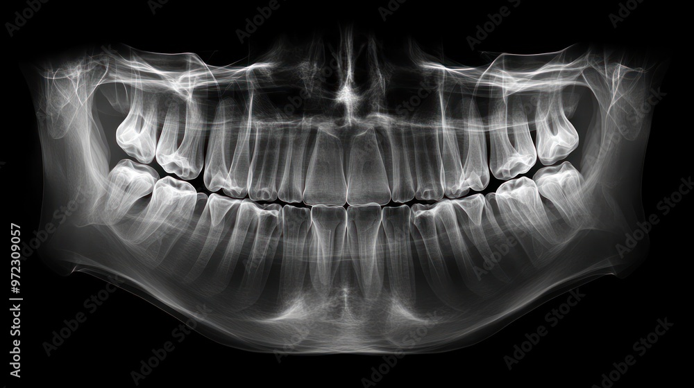 Radiograph of a human jaw showing teeth and bone structure. A clear display of dental health. Radiograph of a human jaw showing teeth and bone structure. A clear display of dental health.