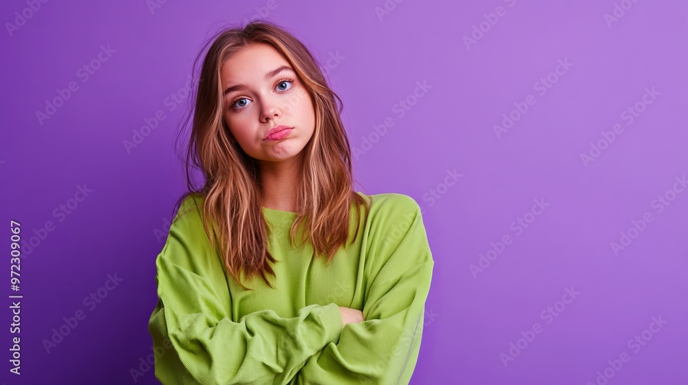 Photo portrait of lovely teen lady look skeptical empty space dressed stylish green garment isolated on violet color background Photo portrait of lovely teen lady look skeptical empty space dressed stylish green garment isolated on violet color background