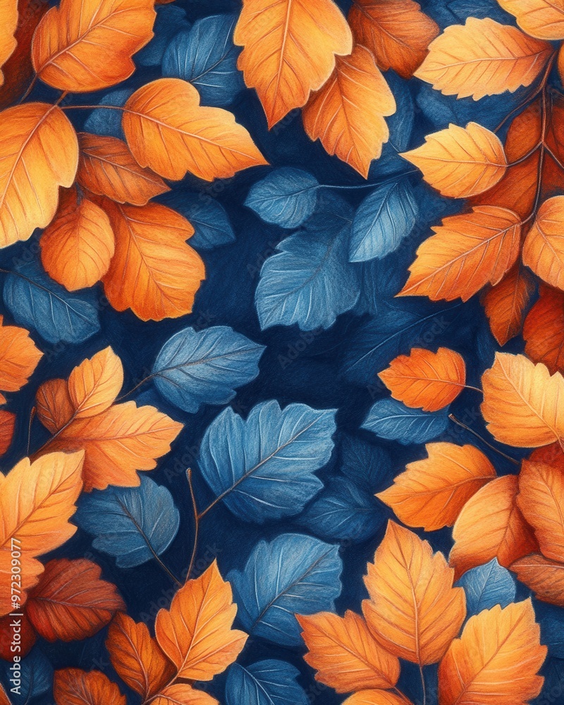 Fototapeta premium A vibrant arrangement of autumn leaves in shades of orange and blue against a dark background