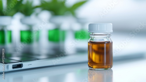 Cannabis Research in a Laboratory, Scientist Analyzing Data on Laptop, CBD Oil Vial for Homeopathy, Exploring Biotechnology Innovations with Hemp and Natural Medicine