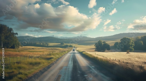 Scenic Country Road Through Golden Fields and Mountains