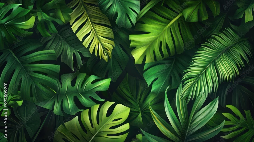 A lush arrangement of various green tropical leaves creating a vibrant, textured background. A lush arrangement of various green tropical leaves creating a vibrant, textured background.