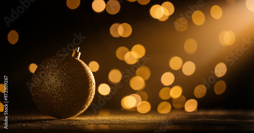 Christmas ornaments on glittering and defocused lights In dark background