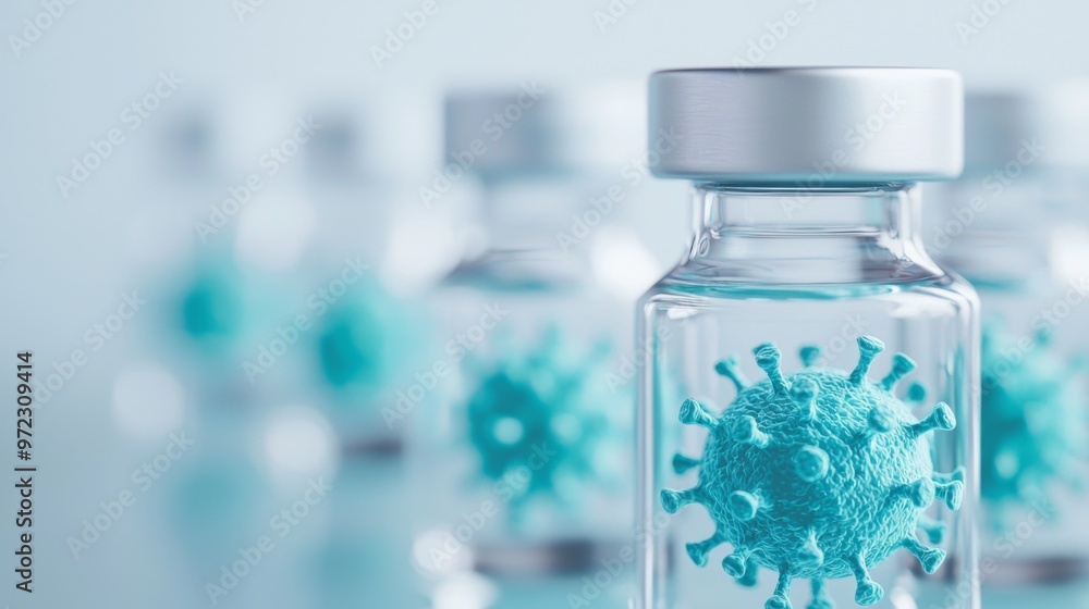 Vials of Coronavirus Vaccine Surrounded by Viruses, Illustrating the Fight Against Disease, Highlighting Global Health Safety and Medical Advancements in Eradicating Viruses Vials of Coronavirus Vaccine Surrounded by Viruses, Illustrating the Fight Against Disease, Highlighting Global Health Safety and Medical Advancements in Eradicating Viruses