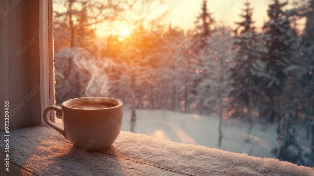 A steaming cup of coffee on a snowy windowsill at sunrise, evoking warmth and tranquility. A steaming cup of coffee on a snowy windowsill at sunrise, evoking warmth and tranquility.
