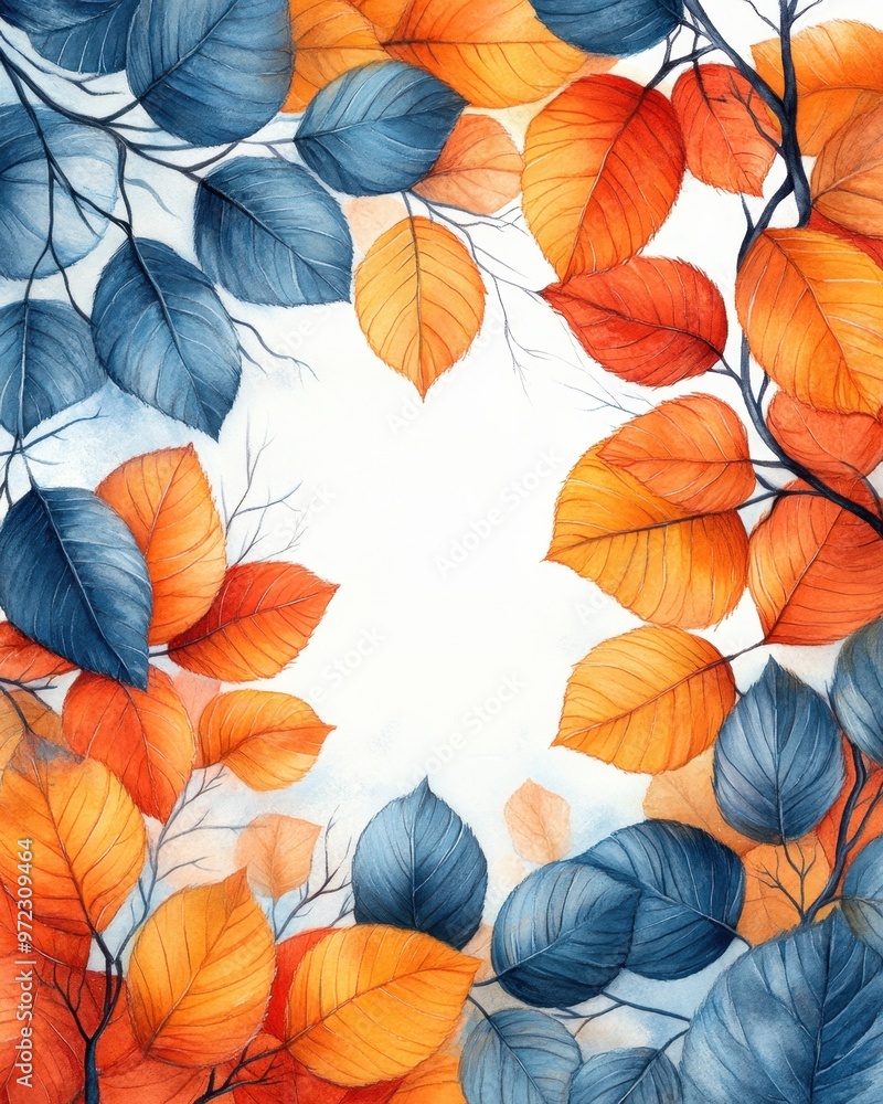Obraz premium A vibrant watercolor illustration of autumn leaves in orange and blue