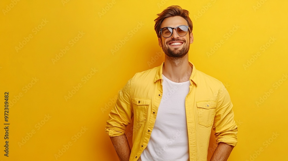 Photo of attractive positive man wear stylish clothes arm hold empty space isolated on vivid yellow color background Photo of attractive positive man wear stylish clothes arm hold empty space isolated on vivid yellow color background